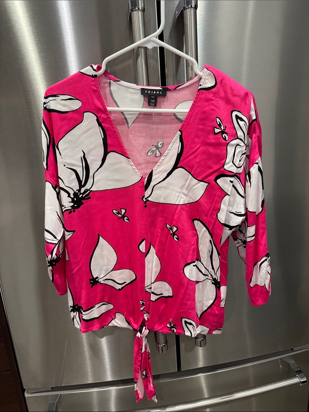 Tribal Hot Pink & White Floral Tie-Front V-Neck Blouse